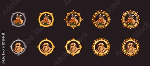 Viking and warrior game avatars in gold ranking frames. Vector cartoon set of badges with heads of characters in silver and golden circle borders with gems isolated on black background
