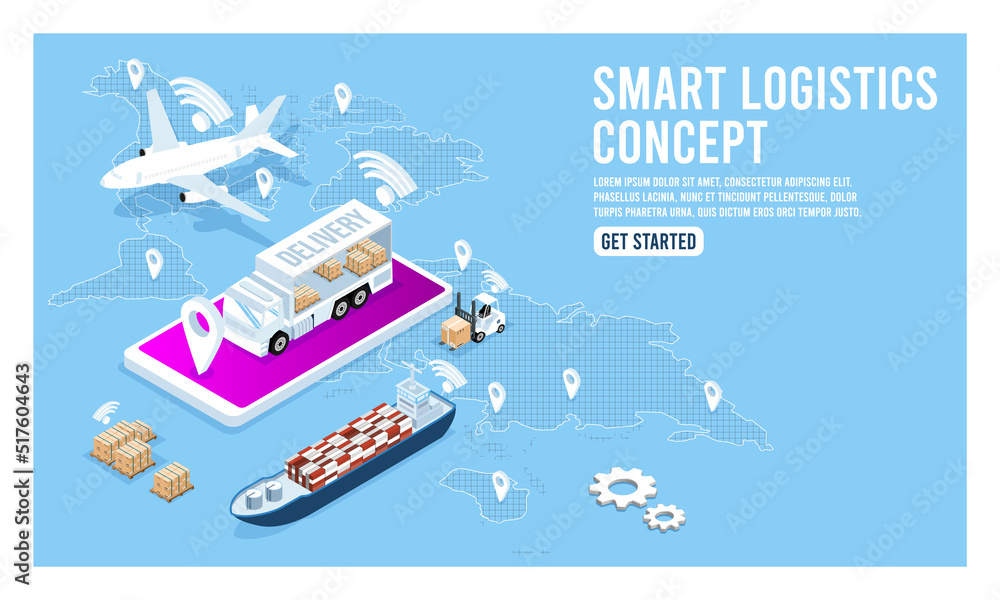 Smart Global logistic service isometric concept with export, import, warehouse business and transport. Vector illustration EPS 10