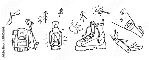 Outdoor equipment doodle set. camping tools hand drawn. Survival kit. wild Adventure.