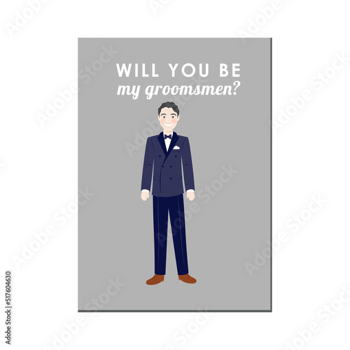 Groomsmen Invitation with cute cartoon portrait character in tux