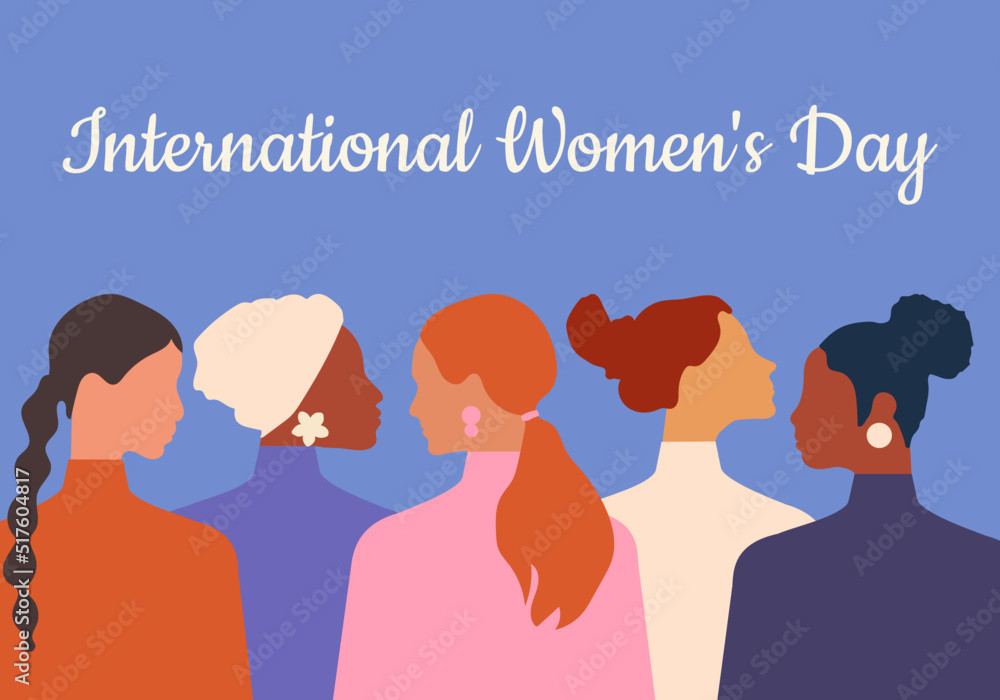 International Women's Day. Women of different ages, nationalities and religions come together. Horizontal blue poster. Vector.