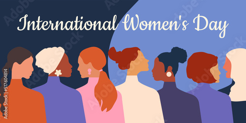 International Women's Day. Women of different ages, nationalities and religions come together. Horizontal blue poster. Vector.