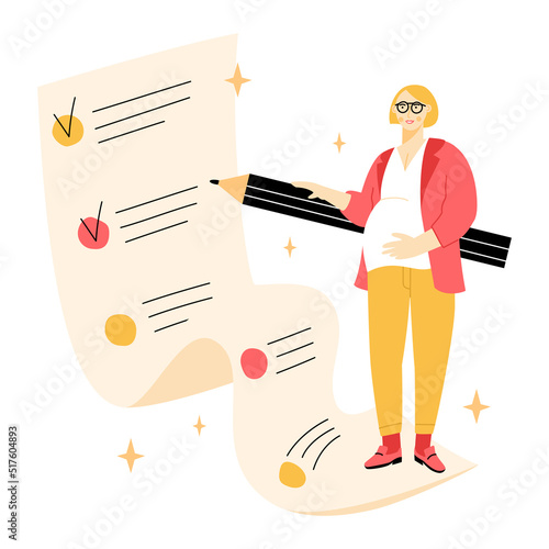 Pregnant woman holding a big pencil and looking at long to do list. Time management and day planning. Vector flat illustration