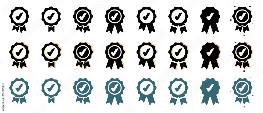 Approval Check Icon, Quality Sign, Certified Medal Symbol Set - Different Vector Illustrations Isolated On White Background Approval Check Icon, Quality Sign, Certified Medal Symbol Set - Different Vector Illustrations Isolated On White Background