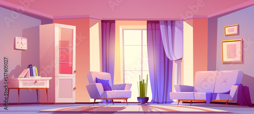 Modern living room with purple furniture and curtains on panoramic window. Vector cartoon illustration of empty lounge interior with sofa, chair, cabinet, books on table and big window