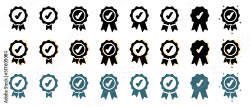 Approval Check Icon, Quality Sign, Certified Medal Symbol Set - Different Vector Illustrations Isolated On White Background