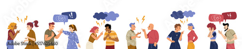 Couples conflict, quarrel, angry people swear and argue. Male and female characters scandal, arguing. Homosexual and heterosexual pairs yell, divorce, spousal abuse, Line art flat vector illustration