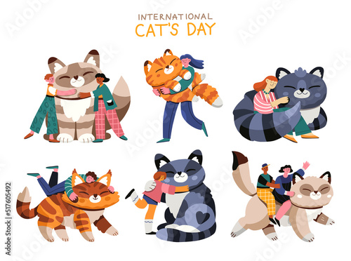 6 scenes with happy people and big cats. Set of funny concept of love, care and happiness. Cat day. Full length male and female characters with a pet. Flat hand drawn cartoon vector illustration