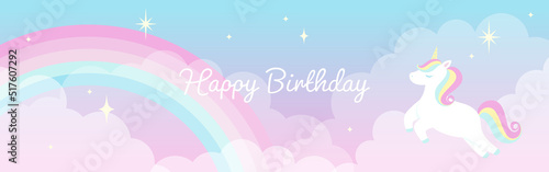 vector background with a rainbow unicorn in cloudy sky for banners, cards, flyers, social media wallpapers, etc.