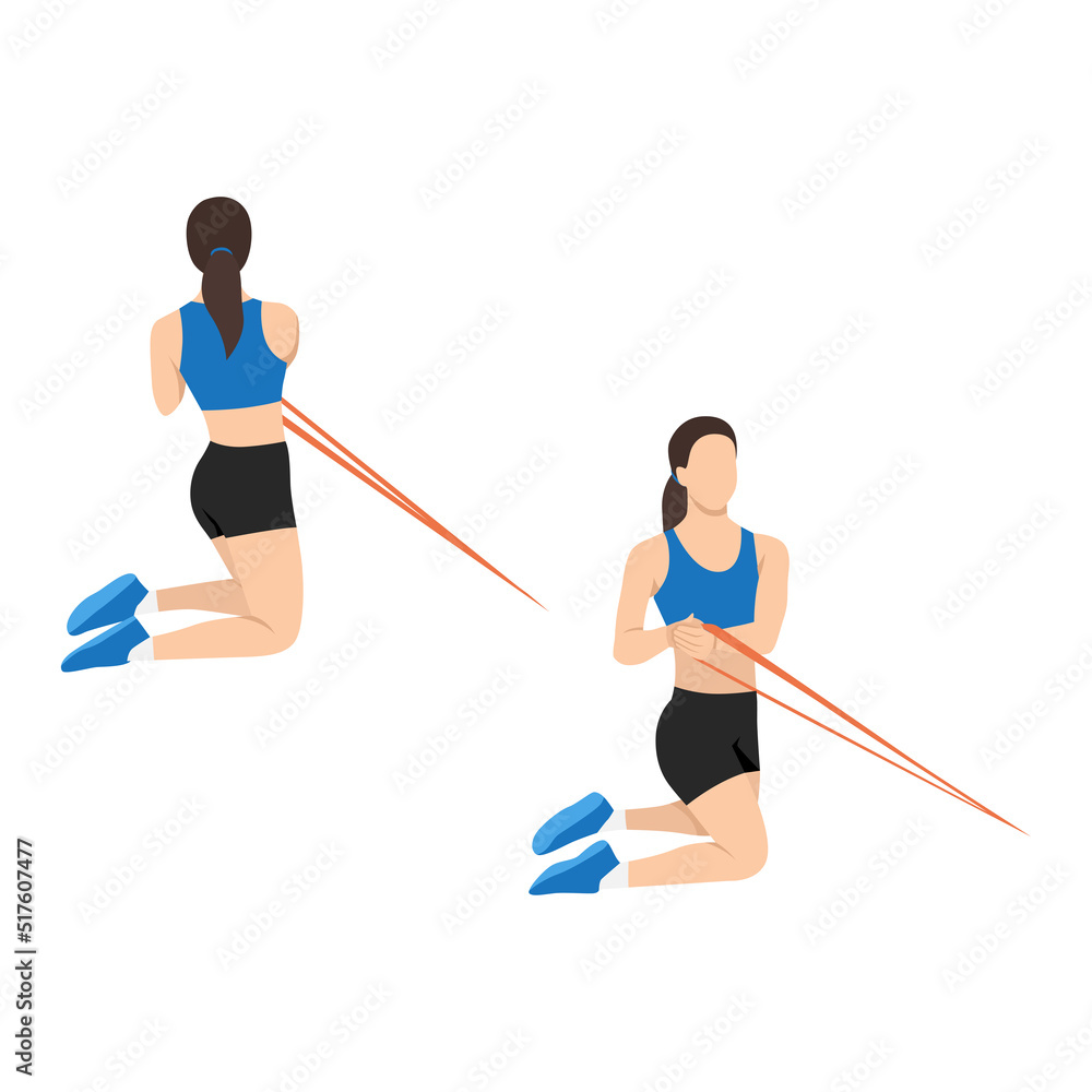 Woman doing core seatted ab twist with resistance band exercise. Flat vector illustration isolated on white background