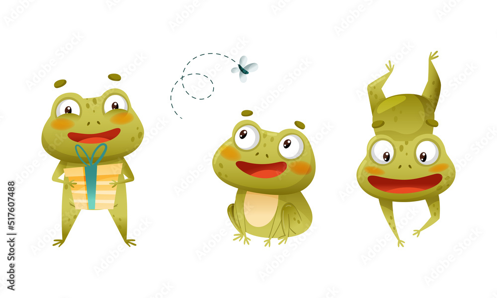 Funny cute frogs set. Lovely green amphibian animal character jumping, catching fly and holding gift box vector illustration Funny cute frogs set. Lovely green amphibian animal character jumping, catching fly and holding gift box vector illustration