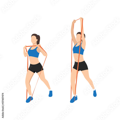 Woman doing overhead press with resistance band exercise. Flat vector illustration isolated on white background
