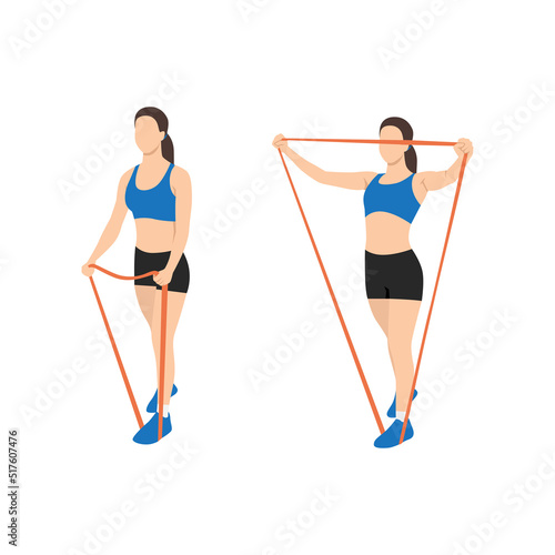 Woman doing lateral raises with resistance band exercise. Flat vector illustration isolated on white background
