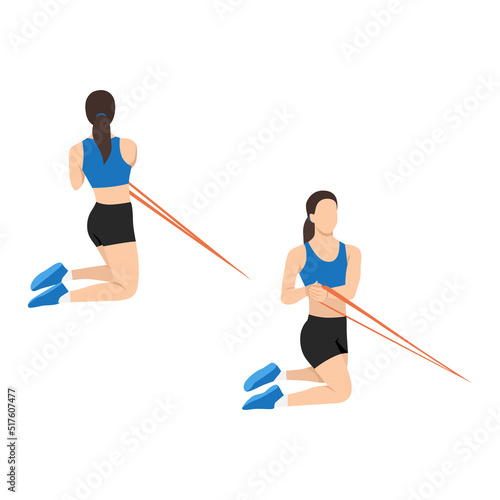 Woman doing core seatted ab twist with resistance band exercise. Flat vector illustration isolated on white background