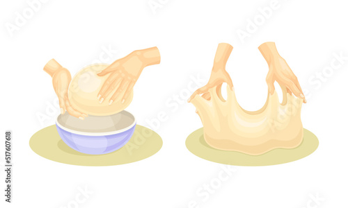 Hands kneading dough. Bakery, kneading pastry for cookies, buns, pizza or bread vector illustration