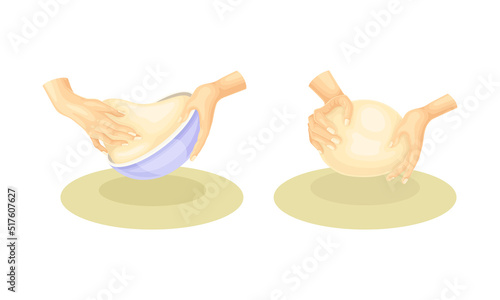 Human hands kneading dough at kitchen table. Bakery, kneading pastry for cookies, buns, pizza or bread vector illustration
