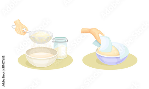 Hands preparing dough for cookies, buns, pizza or bread set. Sifting flour and kneading dough vector illustration