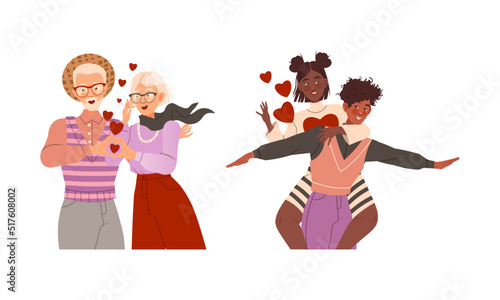 Happy people in romantic relationships set. Elderly loving couple, boy giving piggyback ride to his girlfriend vector illustration