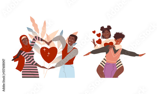 Happy people in romantic relationships set. Loving musilim couple making heart with their hands. Boy giving piggyback ride to his girlfriend vector illustration