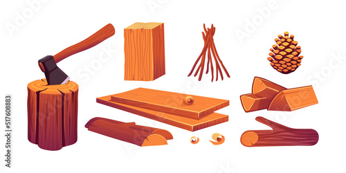 Set of woods, wooden logs, flat slices, axe in stump, cut tree trunk and pine cone isolated design elements. Rectangular log pieces, manufactured planks, campfire, Cartoon vector illustration