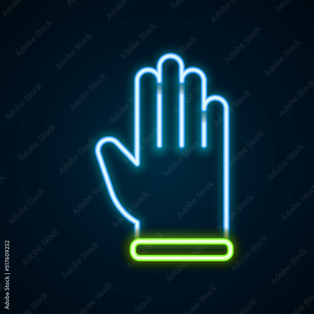 Glowing neon line Rubber gloves icon isolated on black background. Latex hand protection sign. Housework cleaning equipment symbol. Colorful outline concept. Vector Glowing neon line Rubber gloves icon isolated on black background. Latex hand protection sign. Housework cleaning equipment symbol. Colorful outline concept. Vector