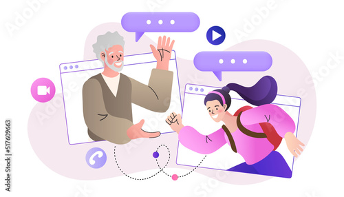 family video conference. Technology and communication between relatives. grandchild toddler talking to grandfather via webcam. Vector flat illustration.