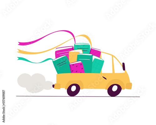 Illustration with a truck delivering books. Book delivery concept. A car filled with books drives down the street. Flat vector illustration.