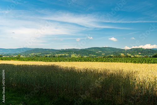 Surrounding of Hradek village with rural landscape and hills of Slezske Beskydy mountains in Czech republic