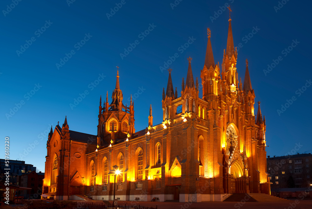 Fototapeta premium Roman Catholic Cathedral of the Immaculate Conception of the Blessed Virgin Mary in night lighting. Moscow, Russia