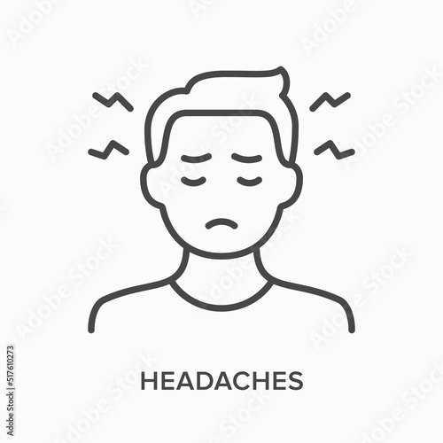 Headaches flat line icon. Vector outline illustration of man with migraine. Black thin linear pictogram for illness symptom