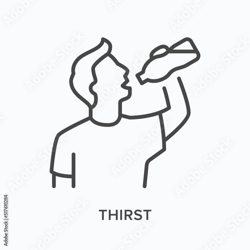 Thirst flat line icon. Vector outline illustration of man with bottle of water. Black thin linear pictogram for illness symptom