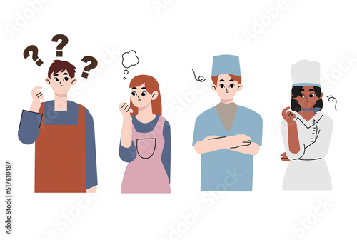 Negatives working in the food and drink industry. Questioning people men, women in doubt thinking with question marks over scratching head. Confused thoughtful persons, touching chin, pondering.