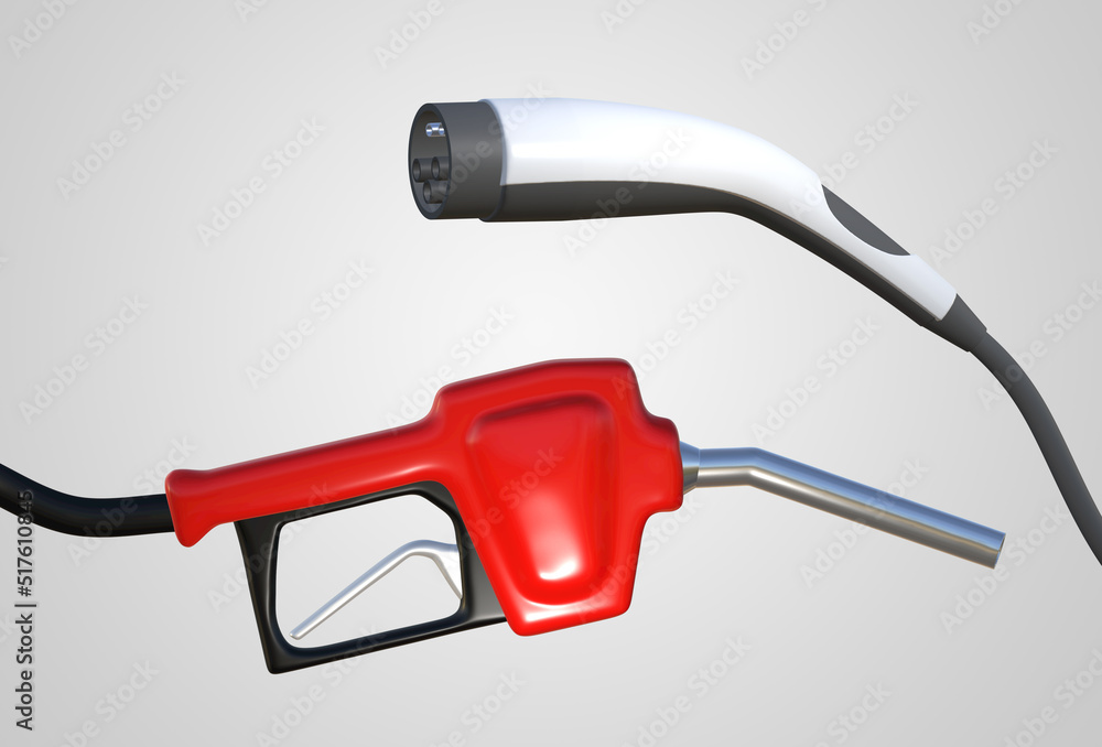 Car power charger and Gasoline pistol pump fuel nozzle, 3D Rendering Image Car power charger and Gasoline pistol pump fuel nozzle, 3D Rendering Image