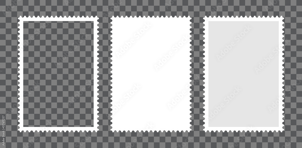 Postage stamp frames set. Empty border template for postcards and letters. Blank rectangle and square postage stamps with perforated edge. Vector illustration isolated on transparent background.