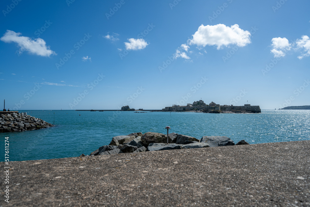 The fortress Elizabeth Castle at St Helier harbour, Jersey, Channel Islands, British Isles.