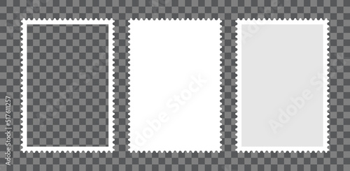 Postage stamp frames set. Empty border template for postcards and letters. Blank rectangle and square postage stamps with perforated edge. Vector illustration isolated on transparent background.