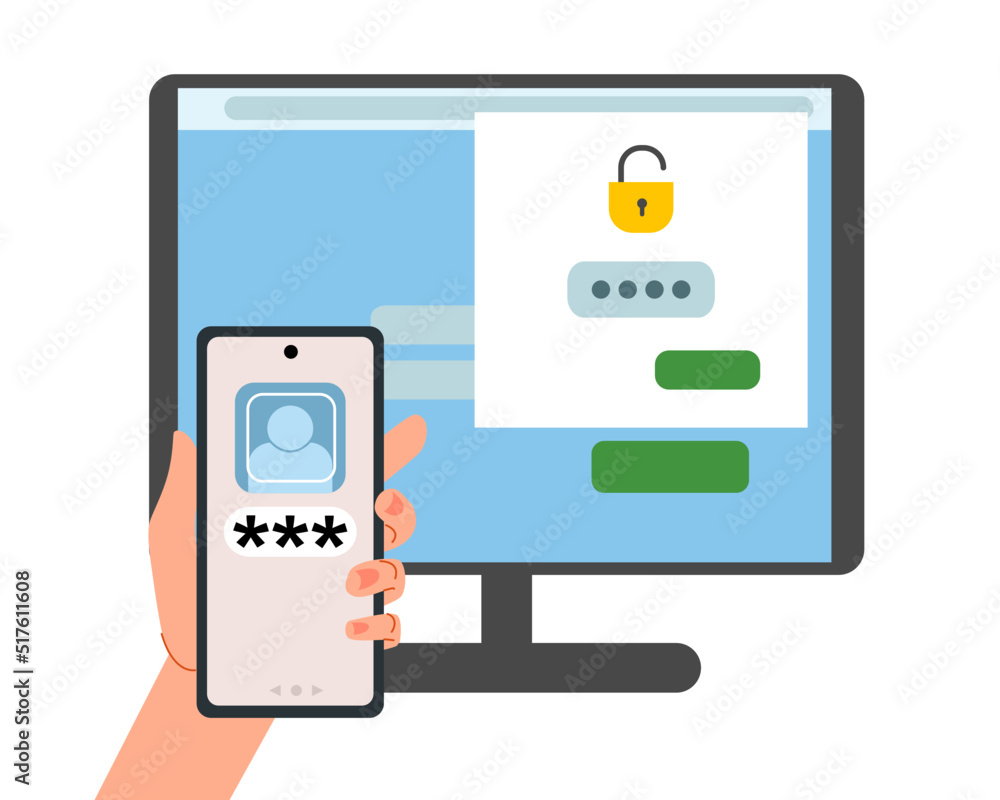The security concept of two-factor authentication. Notification of login confirmation with a message to the phone. Smartphone in hand. Lock icons in the account on the computer monitor screen. The security concept of two-factor authentication. Notification of login confirmation with a message to the phone. Smartphone in hand. Lock icons in the account on the computer monitor screen.