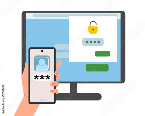 The security concept of two-factor authentication. Notification of login confirmation with a message to the phone. Smartphone in hand. Lock icons in the account on the computer monitor screen.