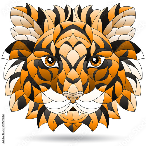 An illustration in the style of a stained glass window with a tiger s head  a portrait of an animal isolated on a white background  tone brown
