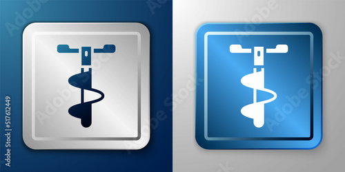 White Hand ice drill for winter fishing icon isolated on blue and grey background. Silver and blue square button. Vector