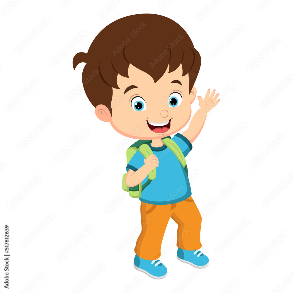 Cartoon little school boy waving hand