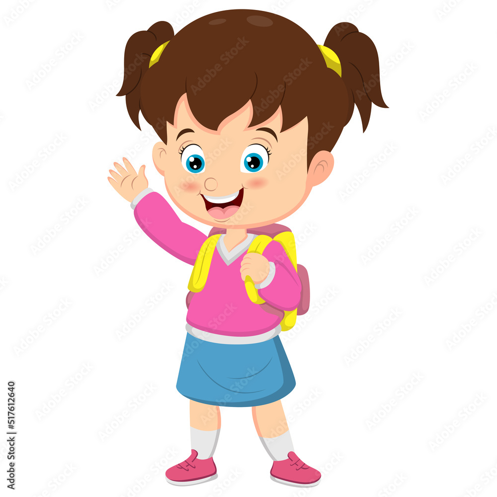 Cartoon little school girl waving hand