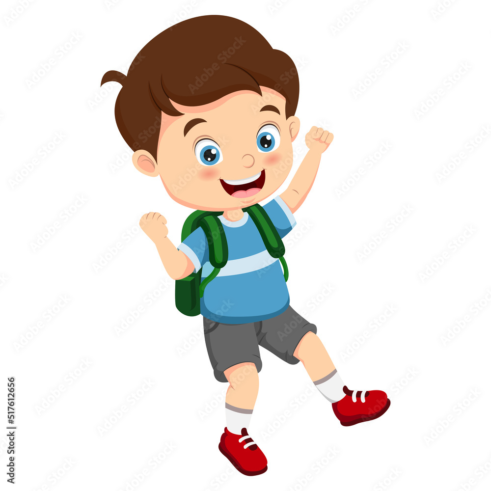 Cartoon little school boy jumping