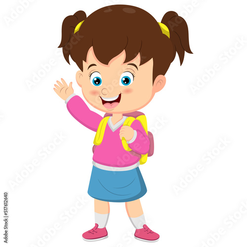Cartoon little school girl waving hand