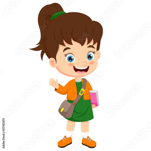 Cartoon little school girl waving hand