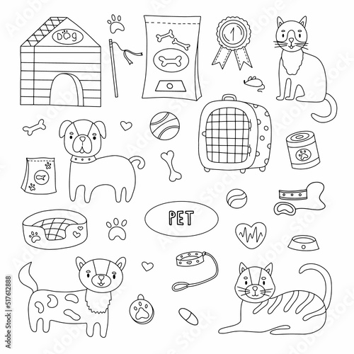 Hand drawn set of dog and pet accessories elements: bone, food, leash. For the design of dog and cat themes. Doodle sketch style vector illustration.