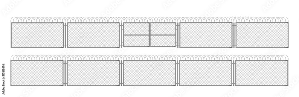 Fence with barbed wire, metal grid with gate. Steel fencing segments, prison perimeter protection barrier separated with poles, rabitz isolated on white background. Realistic 3d vector illustration