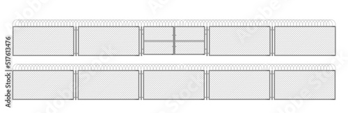Fence with barbed wire, metal grid with gate. Steel fencing segments, prison perimeter protection barrier separated with poles, rabitz isolated on white background. Realistic 3d vector illustration