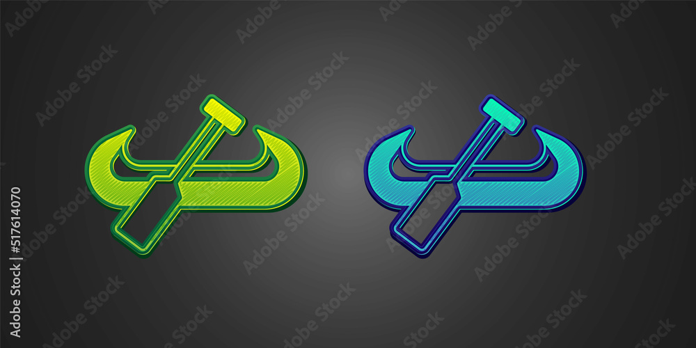Green and blue Kayak and paddle icon isolated on black background. Kayak and canoe for fishing and tourism. Outdoor activities. Vector Green and blue Kayak and paddle icon isolated on black background. Kayak and canoe for fishing and tourism. Outdoor activities. Vector