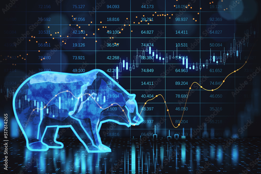 Silhouette form hologram of bear on financial stock market graph representing stock market crash or down trend investment on dark backdrop. 3D Rendering. - obrazy, fototapety, plakaty 